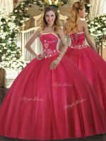 Modest Red Sleeveless Floor Length Beading Lace Up Vestidos de Quinceanera