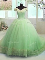 Off The Shoulder Short Sleeves Sweet 16 Dress With Train Court Train Hand Made Flower Apple Green Organza