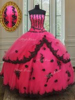 Sexy Tulle Strapless Sleeveless Lace Up Beading and Appliques 15th Birthday Dress in Hot Pink