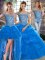 Super Brush Train Three Pieces Vestidos de Quinceanera Blue Off The Shoulder Tulle Sleeveless Lace Up