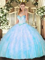 Classical Aqua Blue Organza Lace Up Sweet 16 Quinceanera Dress Sleeveless Floor Length Beading and Ruffles