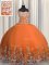 Custom Fit Floor Length Lace Up Quince Ball Gowns Orange Red for Military Ball and Sweet 16 and Quinceanera with Beading and Appliques