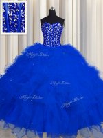 Visible Boning Sleeveless Tulle Floor Length Lace Up Quinceanera Gown in Royal Blue with Beading and Ruffles and Sequins(SKU PSSW0503-8BIZ)