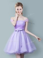 Stylish Lavender Off The Shoulder Neckline Ruching and Bowknot Vestidos de Damas Sleeveless Zipper