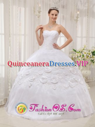 Watertown South Dakota/SD Custom Made Romantic Sweetheart White Quinceanera Dress With Organza Appliques And Flowers Ball Gown