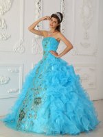 Strapless Floor-length Aque Blue Ruffles Surprise Quinceanera Dresses With Appliques For Sweet 16 In Mount Pleasant Iowa/IA
