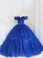 New Style Royal Blue Ball Gowns Off The Shoulder Cap Sleeves Tulle Floor Length Lace Up Hand Made Flower Military Ball Gown
