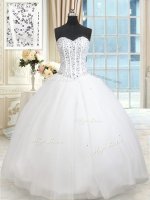 Captivating Floor Length Lace Up Ball Gown Prom Dress White for Military Ball and Sweet 16 and Quinceanera with Beading and Ruffled Layers and Sequins