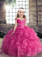 Trendy Floor Length Lace Up Pageant Dress Toddler Hot Pink for Party and Wedding Party with Beading and Ruffles and Pick Ups