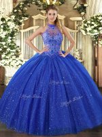 Glittering Sleeveless Floor Length Beading and Embroidery Lace Up Sweet 16 Dress with Royal Blue