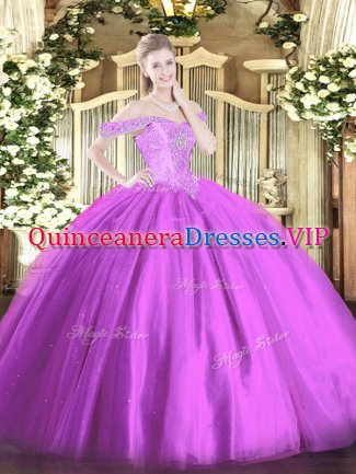 Lilac Lace Up Off The Shoulder Beading Sweet 16 Quinceanera Dress Tulle Sleeveless