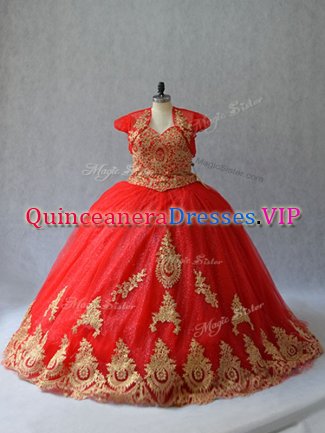 Stunning Red Lace Up Sweetheart Beading and Appliques Vestidos de Quinceanera Tulle Sleeveless Court Train