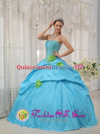 Baby Blue Beaded Decorate Bust and green Hand Flowers Quinceanera Dress With Strapless Pick-ups In Grangemouth Falkirk - Click Image to Close