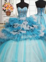 Visible Boning Beaded Bodice Ruffled Layers Floor Length Blue And White Sweet 16 Dress Sweetheart Sleeveless Lace Up