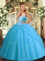 Aqua Blue Lace Up Sweet 16 Quinceanera Dress Beading and Pick Ups Sleeveless Floor Length