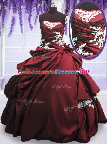 Halter Top Sleeveless 15 Quinceanera Dress Floor Length Beading and Appliques and Pick Ups Burgundy Taffeta - Click Image to Close