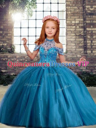 Custom Design High-neck Sleeveless Pageant Gowns For Girls Floor Length Beading Blue Tulle