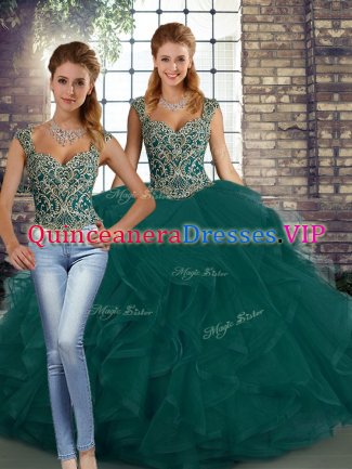 Peacock Green Sleeveless Beading and Ruffles Floor Length Quinceanera Gowns