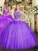 On Sale Lavender Tulle Lace Up Quinceanera Gown Sleeveless Floor Length Beading and Ruffles