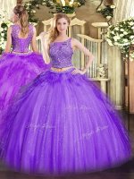 On Sale Lavender Tulle Lace Up Quinceanera Gown Sleeveless Floor Length Beading and Ruffles(SKU SJQDDT1326002BIZ)