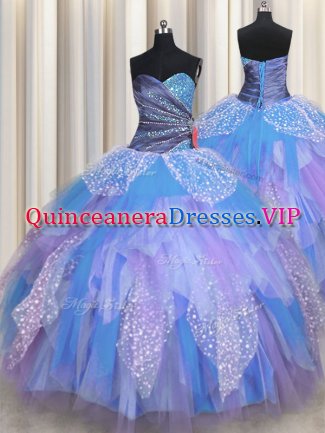 Captivating Beading and Ruching Sweet 16 Dresses Multi-color Lace Up Sleeveless Floor Length