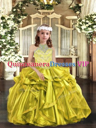 Yellow Green Girls Pageant Dresses Organza Sleeveless Beading and Ruffles