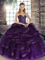 Stunning Purple Ball Gowns Sweetheart Sleeveless Tulle Floor Length Lace Up Beading and Ruffles 15 Quinceanera Dress