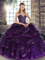 Stunning Purple Ball Gowns Sweetheart Sleeveless Tulle Floor Length Lace Up Beading and Ruffles 15 Quinceanera Dress(SKU SJQDDT2131002-2BIZ)
