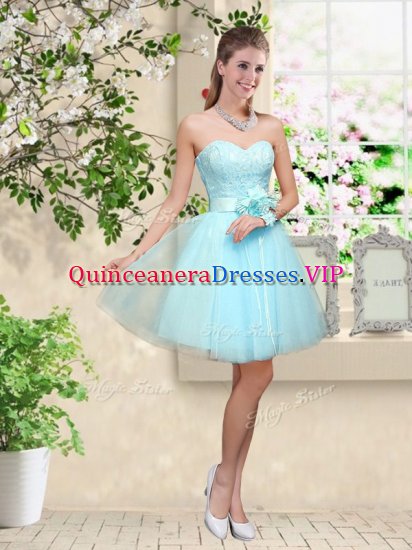 Aqua Blue Sleeveless Knee Length Lace and Belt Lace Up Quinceanera Court Dresses - Click Image to Close