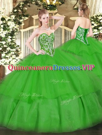 Green Sweetheart Lace Up Beading and Ruffled Layers 15th Birthday Dress Sleeveless
