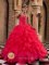 Sweet Strapless Coral Red Ball Gown Sweetheart Floor-length Ruffles and Beading Organza Quinceanera Dress In Lansing West virginia/WV