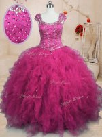 Trendy Cap Sleeves Floor Length Beading and Ruffles Lace Up Sweet 16 Dresses with Fuchsia(SKU PSSW0207-4BIZ)