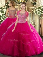 Simple Sleeveless Tulle Floor Length Clasp Handle Quinceanera Gown in Hot Pink with Beading and Ruffled Layers