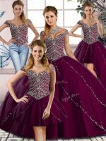 Sweetheart Cap Sleeves Tulle Quinceanera Gown Beading Brush Train Lace Up