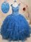 Straps Cap Sleeves Ball Gown Prom Dress Floor Length Beading and Ruffles and Sequins Teal Tulle