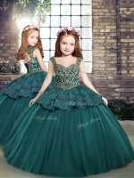 Great Floor Length Teal Pageant Gowns Straps Sleeveless Side Zipper