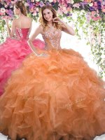 Noble Orange Sleeveless Floor Length Beading and Ruffles Lace Up Sweet 16 Dress