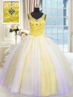 Modest Multi-color Tulle Lace Up V-neck Sleeveless Floor Length Quince Ball Gowns Beading and Sequins