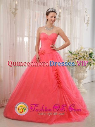 Cortez Colorado/CO Elegent Coral Red Sweetheart and A-line Quinceanera Dress With Hand Made Flowers Tulle