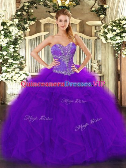 Purple Sweetheart Neckline Beading and Ruffles 15th Birthday Dress Sleeveless Lace Up - Click Image to Close