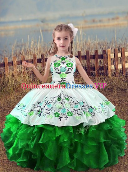 Green Little Girls Pageant Gowns Wedding Party with Embroidery and Ruffles Scoop Sleeveless Lace Up - Click Image to Close