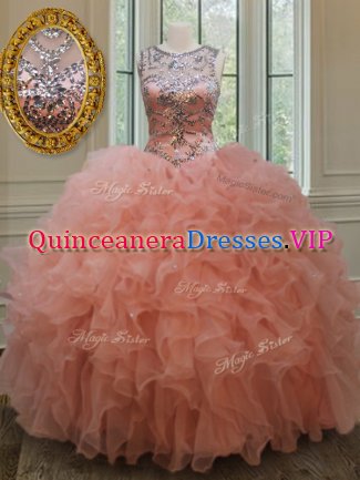 Excellent See Through Peach Ball Gowns Organza Scoop Sleeveless Beading and Ruffles Floor Length Lace Up Quince Ball Gowns