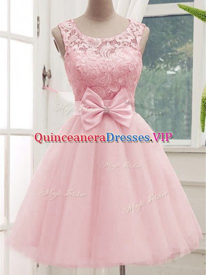Delicate Baby Pink A-line Lace and Bowknot Dama Dress for Quinceanera Lace Up Tulle Sleeveless Knee Length - Click Image to Close