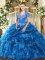 Colorful Blue Ball Gowns Sweetheart Sleeveless Organza Floor Length Lace Up Beading and Ruffles and Pick Ups Quinceanera Dress