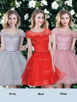 Sexy Scoop Short Sleeves Tulle Mini Length Lace Up Vestidos de Damas in Red and Pink and Grey with Appliques and Belt