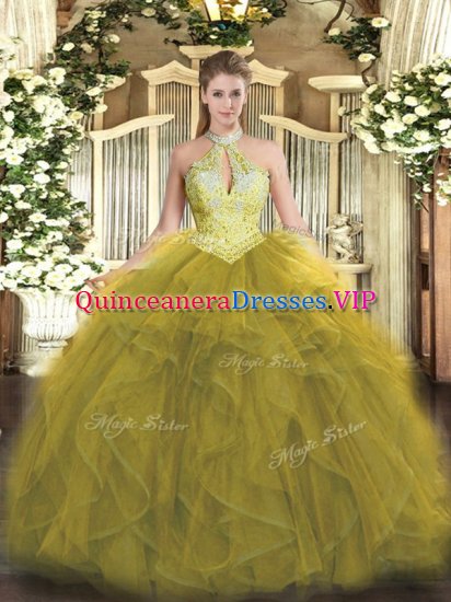 Olive Green Ball Gowns Organza Halter Top Sleeveless Beading and Ruffles Floor Length Lace Up 15th Birthday Dress - Click Image to Close