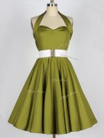 Amazing Olive Green Taffeta Lace Up Halter Top Sleeveless Knee Length Quinceanera Court Dresses Belt