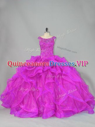 Custom Design Fuchsia Sweet 16 Dresses Organza Brush Train Sleeveless Beading
