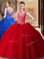 Tulle V-neck Sleeveless Backless Lace and Appliques and Pick Ups 15th Birthday Dress in Red