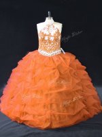 Orange Ball Gowns Halter Top Sleeveless Organza Floor Length Backless Pick Ups Quinceanera Dresses